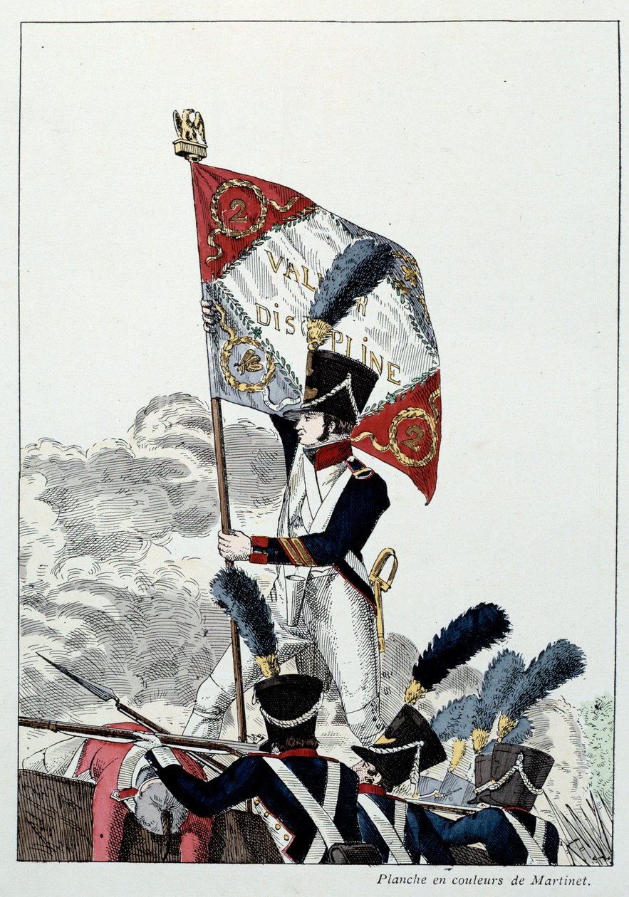 Armia Napoleona: piechota liniowa. Starszy sierżant umieszcza orła na dredze, który został drastycznie zniszczony. Rycina Martineta (XIX w.) 1808. Malmaison, Musee Du Chateau. autorstwa French School