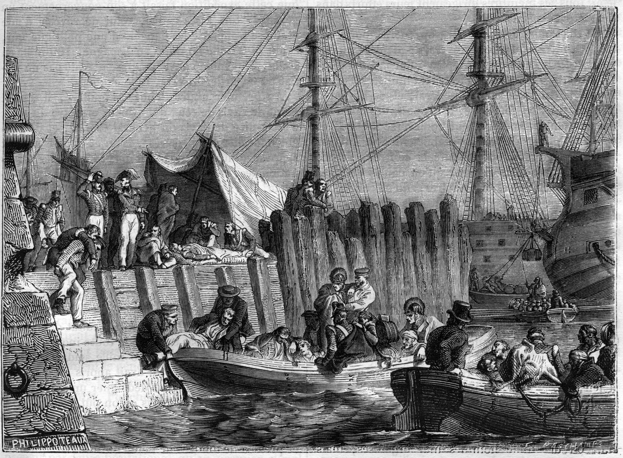 Wojny napoleońskie - Armia angielska opuszcza wyspę Walcheren 1809 - Anglicy opuszczają wyspę Walcheren w Holandii w 1809 - w „Historii imperium śladami historii konsulatu” Adolphe Thiers - 1879 - zbiory prywatne autorstwa French School