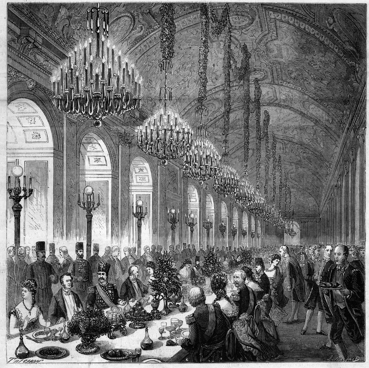 Nasir Al-Din (Nasser al-Din) (1831-1896) Szach od Persji do Wersalu. Bankiet w galerii lodowej. po lewej Albert, książę Broglie (1821-1901). autorstwa French School