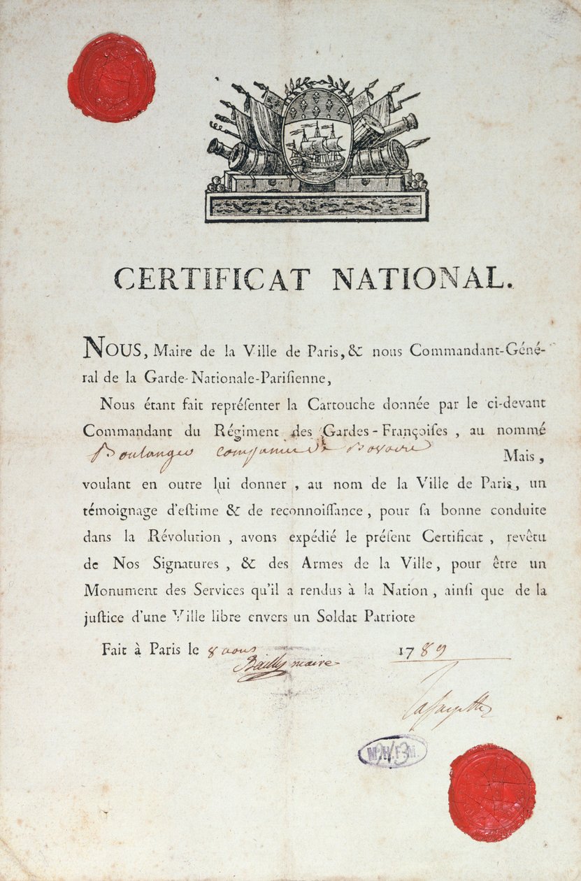 Krajowy Certyfikat Dobrego Zachowania podczas Rewolucji Francuskiej, 8 sierpnia 1789 w Paryżu autorstwa French School