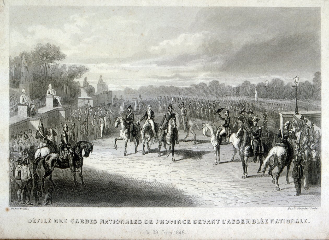 Żołnierze Gwardii Narodowej chronią Zgromadzenie Narodowe w Paryżu. Grawerowanie podczas rewolucji francuskiej 1848 (grawerowanie) autorstwa French School