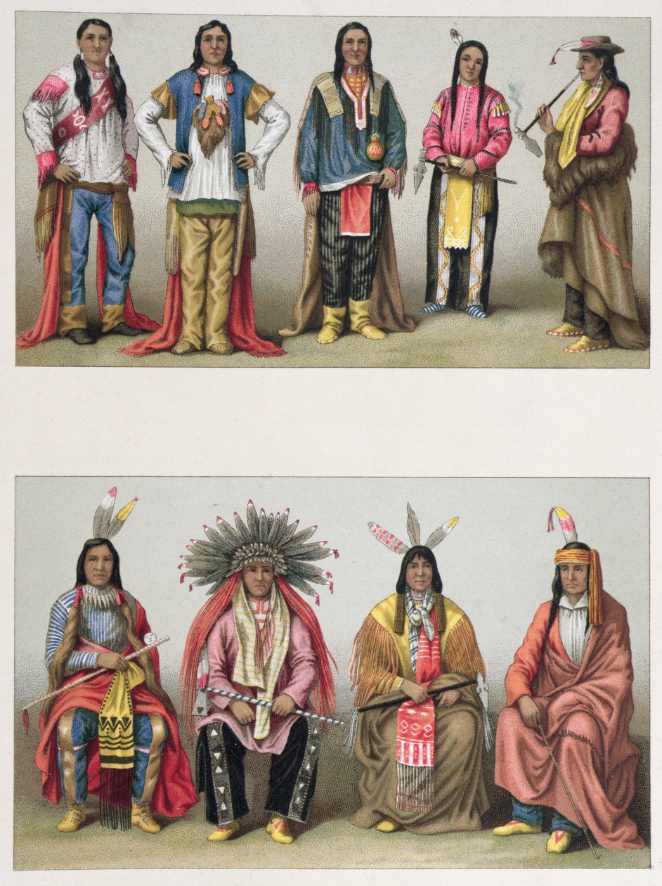 Rdzenni Amerykanie z basenu Mississippi iz Kolorado, ilustracja z Le Costume Historique autorstwa A. Racineta, opublikowana w Paryżu 1888 autorstwa French School