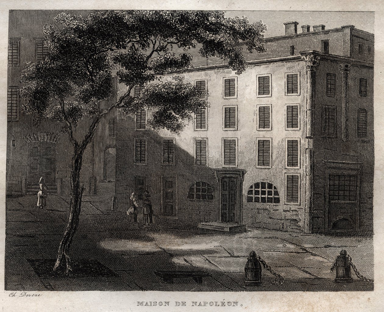 Rodzimy dom Napoleona Bonaparte w Ajaccio (Korsyka) - Miejsce urodzenia Napoleona Bonaparte a Ajaccio en Corsica - Rycina z „” Malowniczych Włoch” – Historyczne i opisowe malarstwo Włoch” M. de Norvins, Ch. Nodier 1834-1836. autorstwa French School