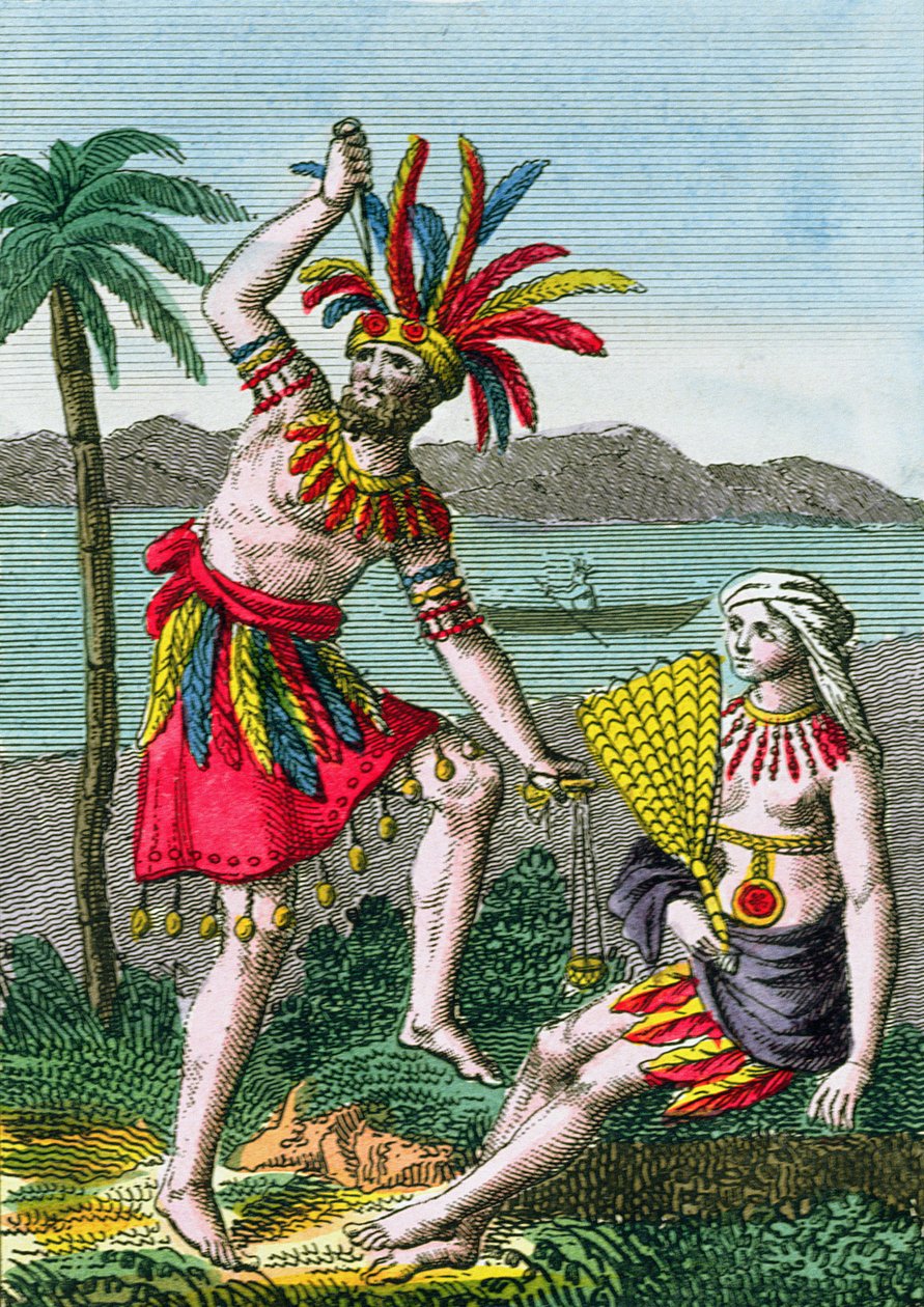 Rdzenni mieszkańcy Wysp Markizów, ilustracja z Histoire des Voyages Autour du Monde autorstwa J. Dufay, wydana przez Courvalet & Co., Paryż, 1826 (grafika kolorowa) autorstwa French School