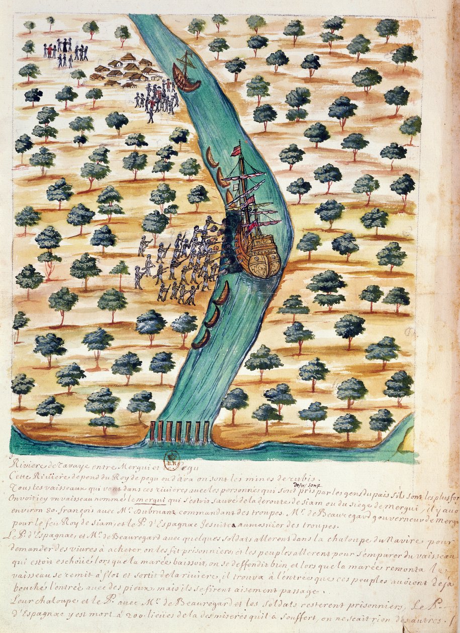 Tubylcy atakujący francuskie statki na rzece Tavoy, z relacji jezuitów w Syjamie, 1688 (wc na papierze) autorstwa French School