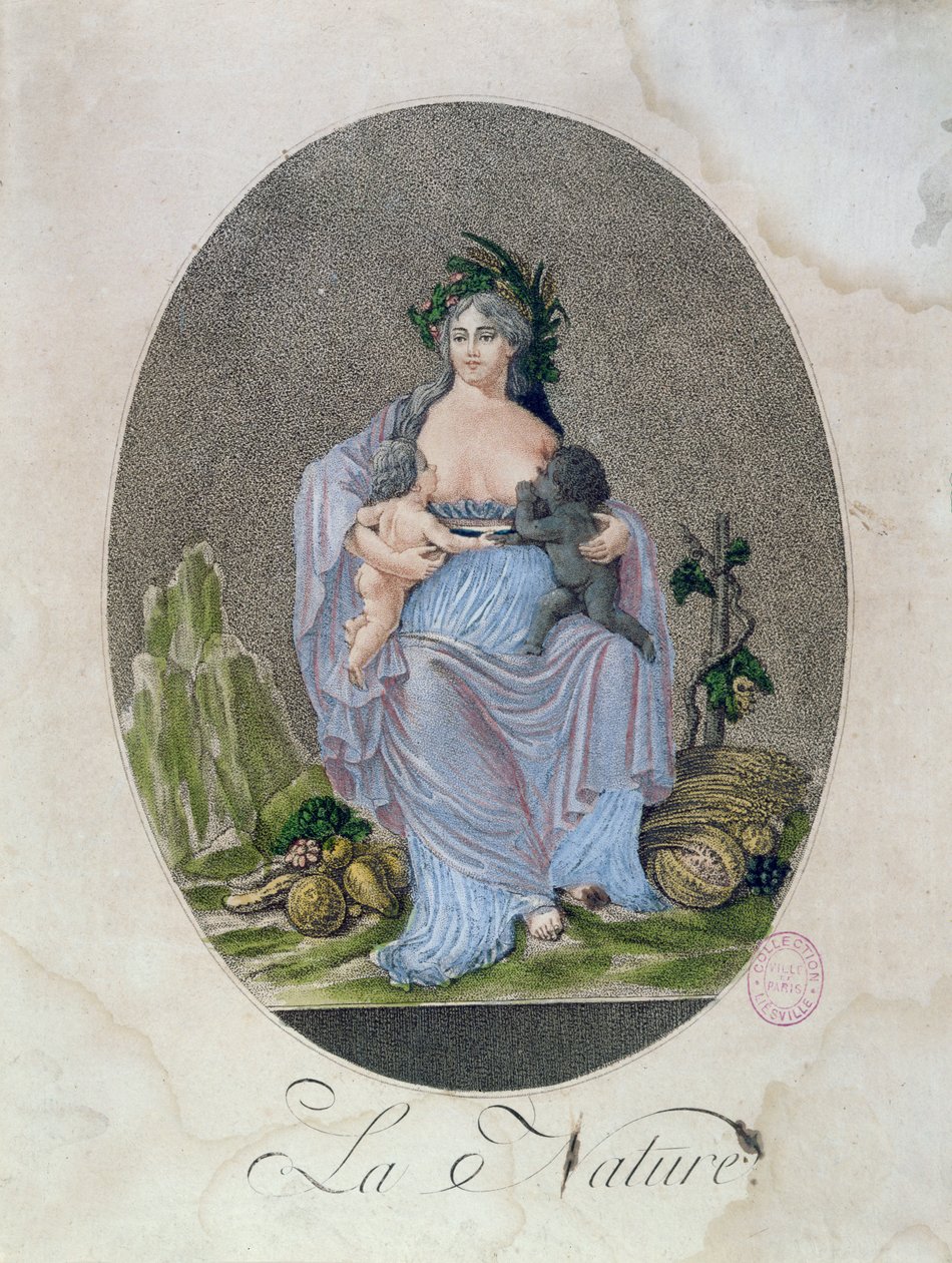 Natura karmiąca piersią czarne i białe dziecko, ok.1792 r. autorstwa French School