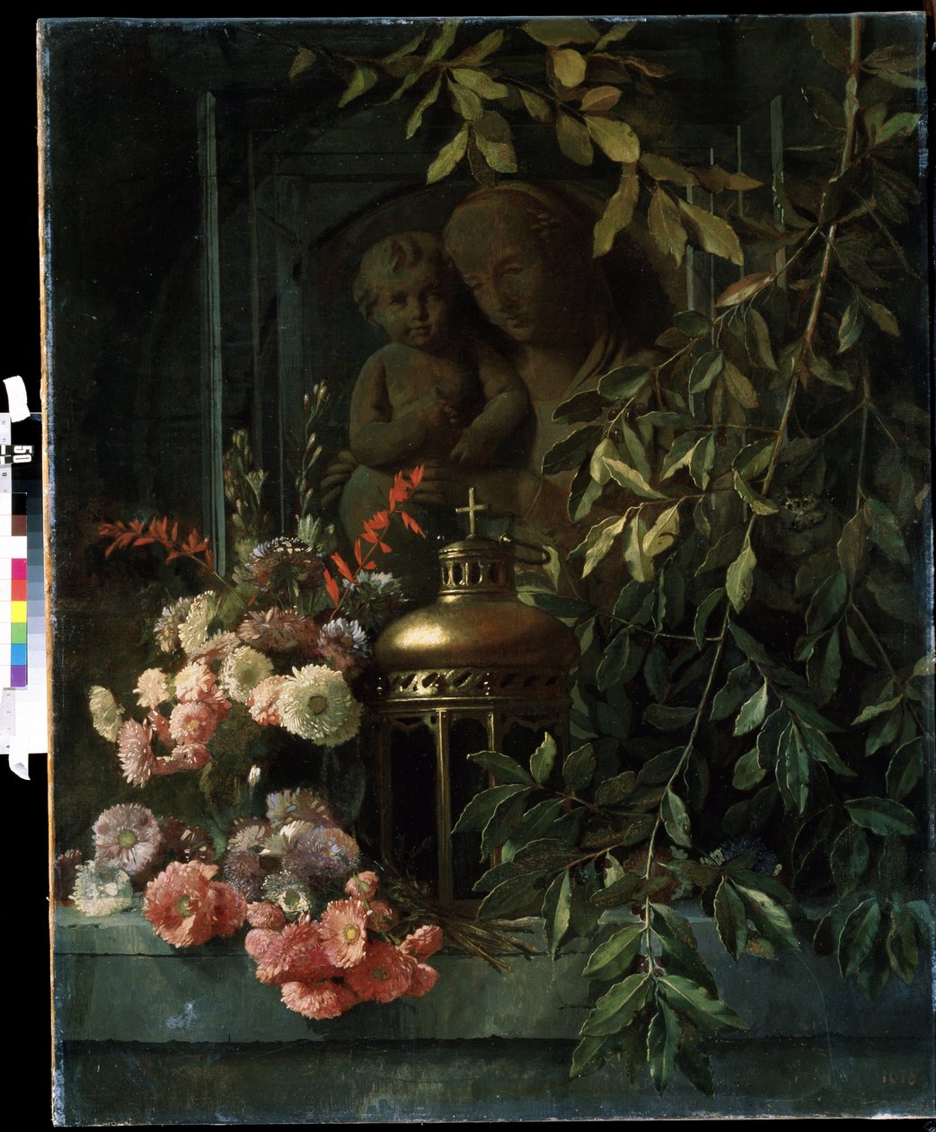 „Martwa natura” (Madonna z dzieckiem, latarnia, kwiaty (w tym goździk) Malarstwo szkoły francuskiej XIX w. Muzeum Sztuki Michaiła Kroszyckiego, Sewastopol (Sewastopol) Ukraina autorstwa French School