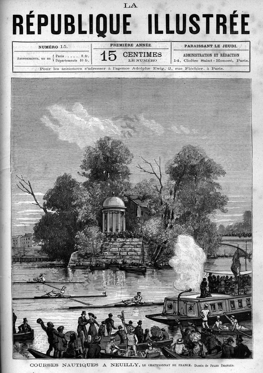 Wyścigi żeglarskie: Mistrzostwa Francji w wioślarstwie organizowane na Sekwanie naprzeciwko Ile de la Grande Jatte w Neuilly. Gazeta. Rycina z 1880 r. w prywatnej kolekcji „La republique illustree”. autorstwa French School