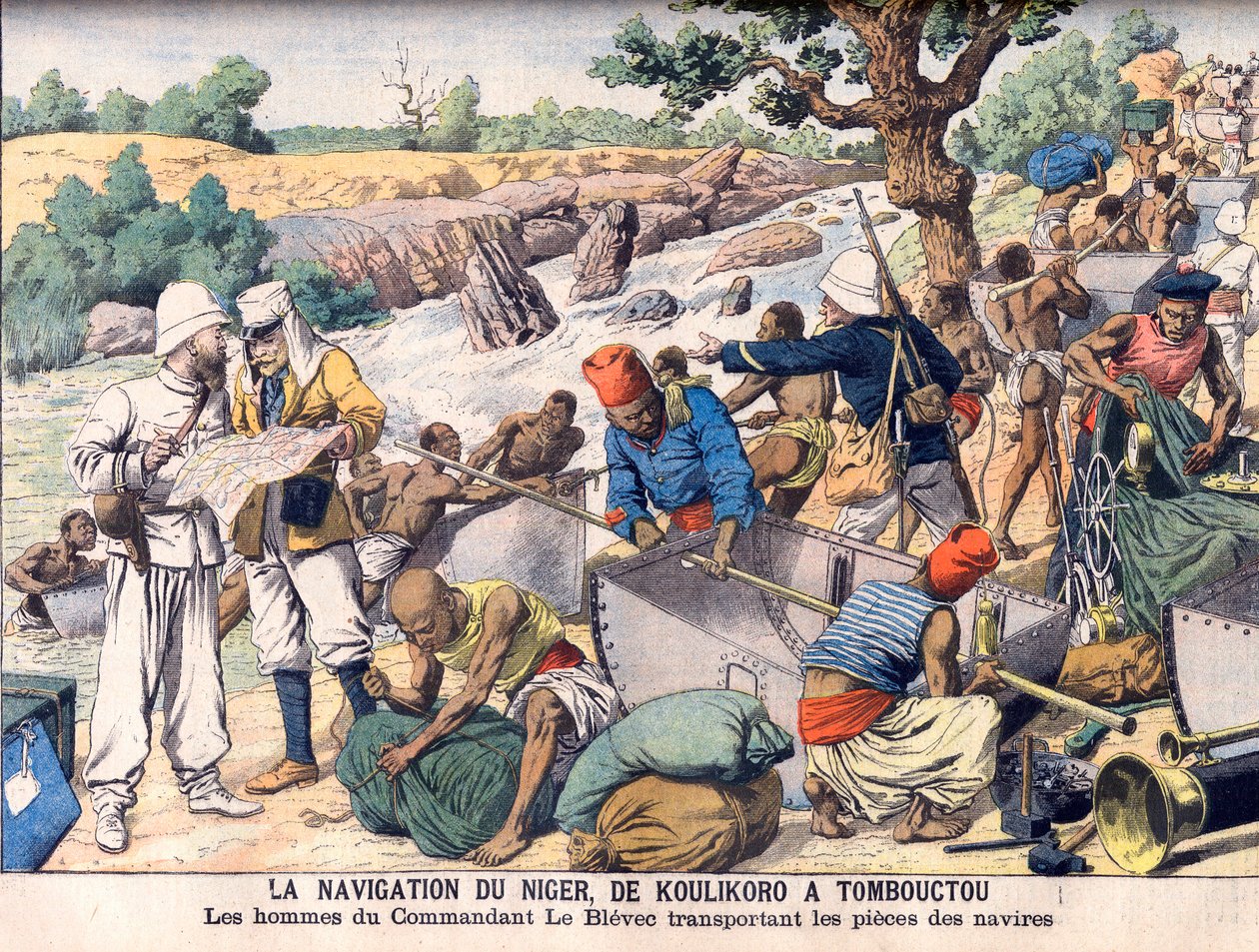 Żegluga po rzece Niger między Koulikoro i Timbuktu. Wyprawa dowodzona przez komandora Le Blevec przewożąca łodzie w sekcjach wokół bystrza. Żegluga Nigru, od Koulikoro do Timbuktu. Ludzie komandora Le Blevec przewożący kawałki statków. autorstwa French School
