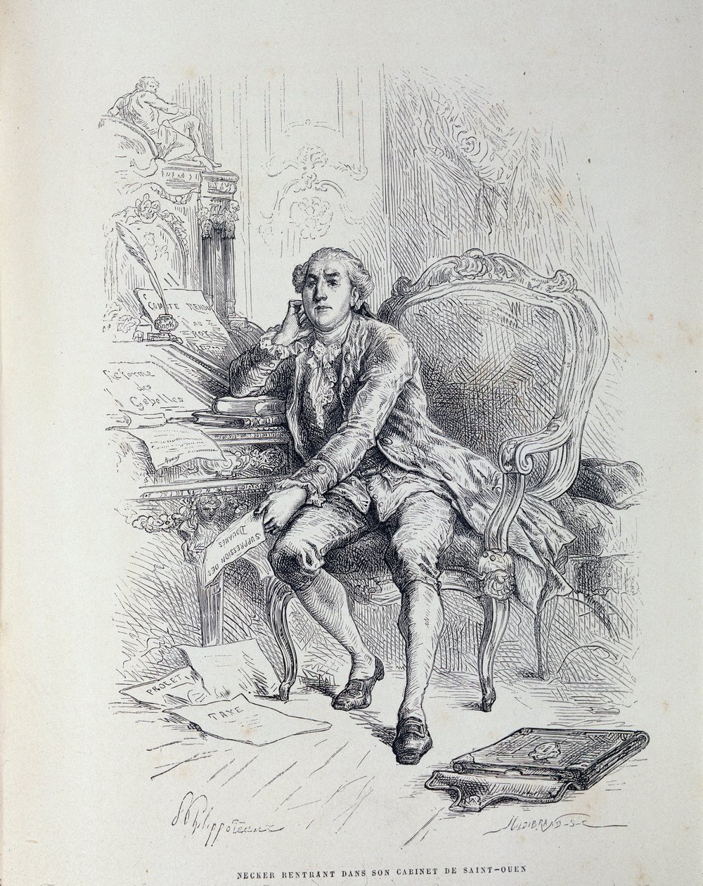 Necker w swoim biurze w Saint-Ouen, w otoczeniu notatek „Reforma Gabelles”, „Podatki”, „Zniesienie ceł” itp. autorstwa French School