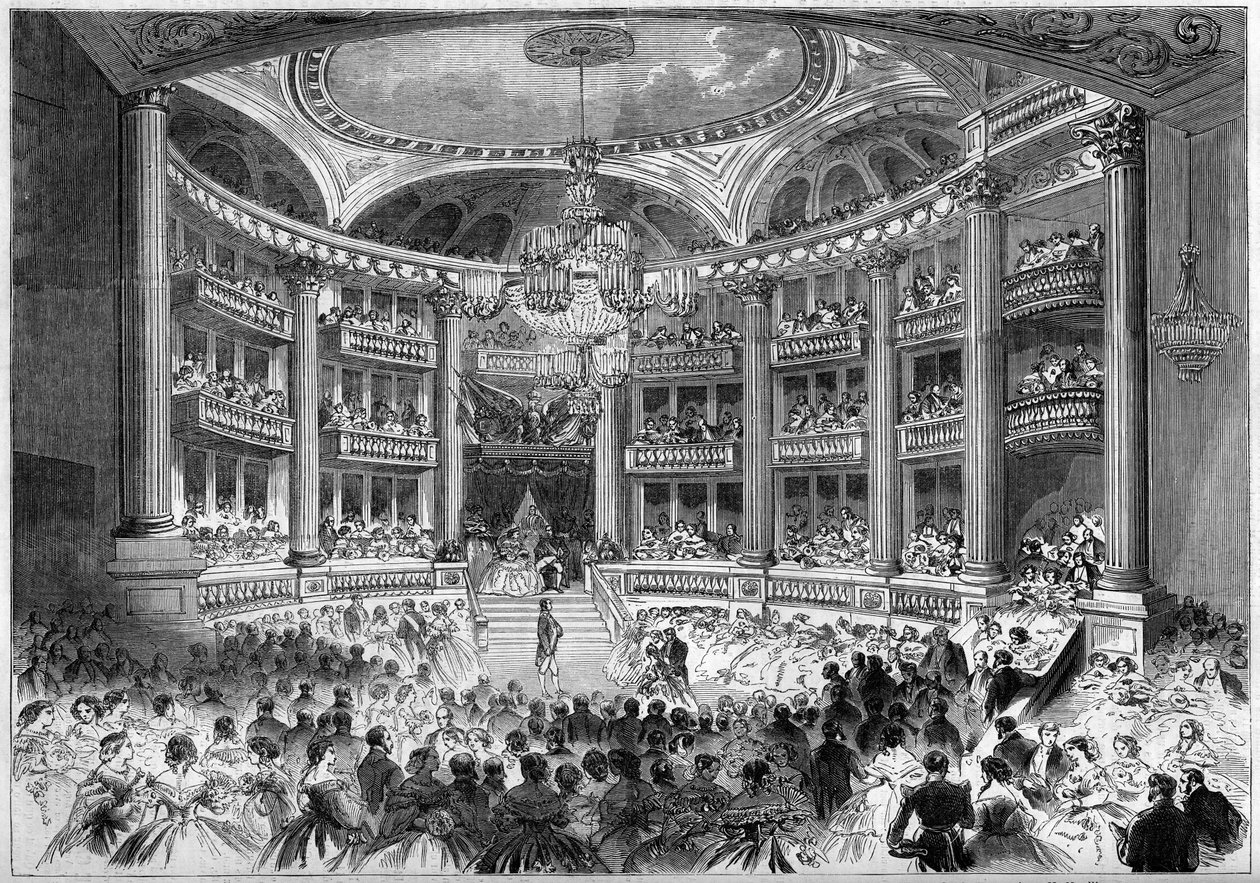 Architektura neoklasyczna: widok na salę Teatru Wielkiego w Bordeaux (1773-1780) z okazji balu wydanego z okazji wizyty cesarza Napoleona III i cesarza Eugenii de Montijo. Bordeaux, Żyronda (33) autorstwa French School