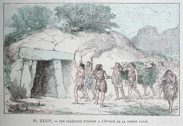 Neolityczny obrzęd pogrzebowy, ilustracja z „Les Origines de la Vie” dr Rengade, ok. 1880 (kolorowa grawerunek) autorstwa French School