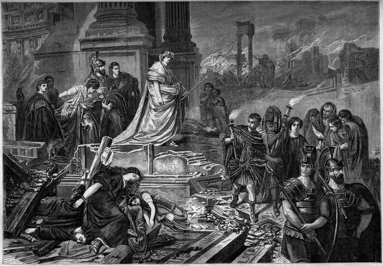 Neron po pożarze w Rzymie w 64. Rycina wg obrazu Karla Theodora von Piloty (1826-1886). W „”Le Monde Illustré””n°283 z 13 września 1862 r. autorstwa French School