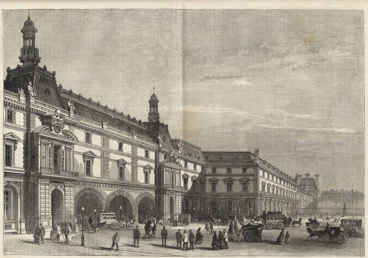 Nowe budynki Tuileries na Place du Carrousel (rycina) - Nowy Luwr - fasada od strony Place du Carrousel i Salle des Etats - grawer z 1869 r. autorstwa French School