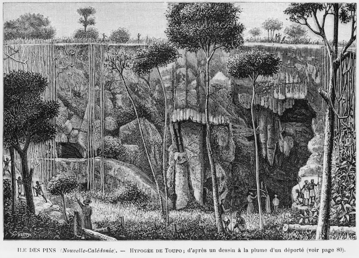 Nowa Kaledonia, Isle of Pines, Hypogeum of Toupo, według rysunku deportowanego piórem i atramentem, ilustracja z biuletynu Les Missions Catholiques, 1893 autorstwa French School
