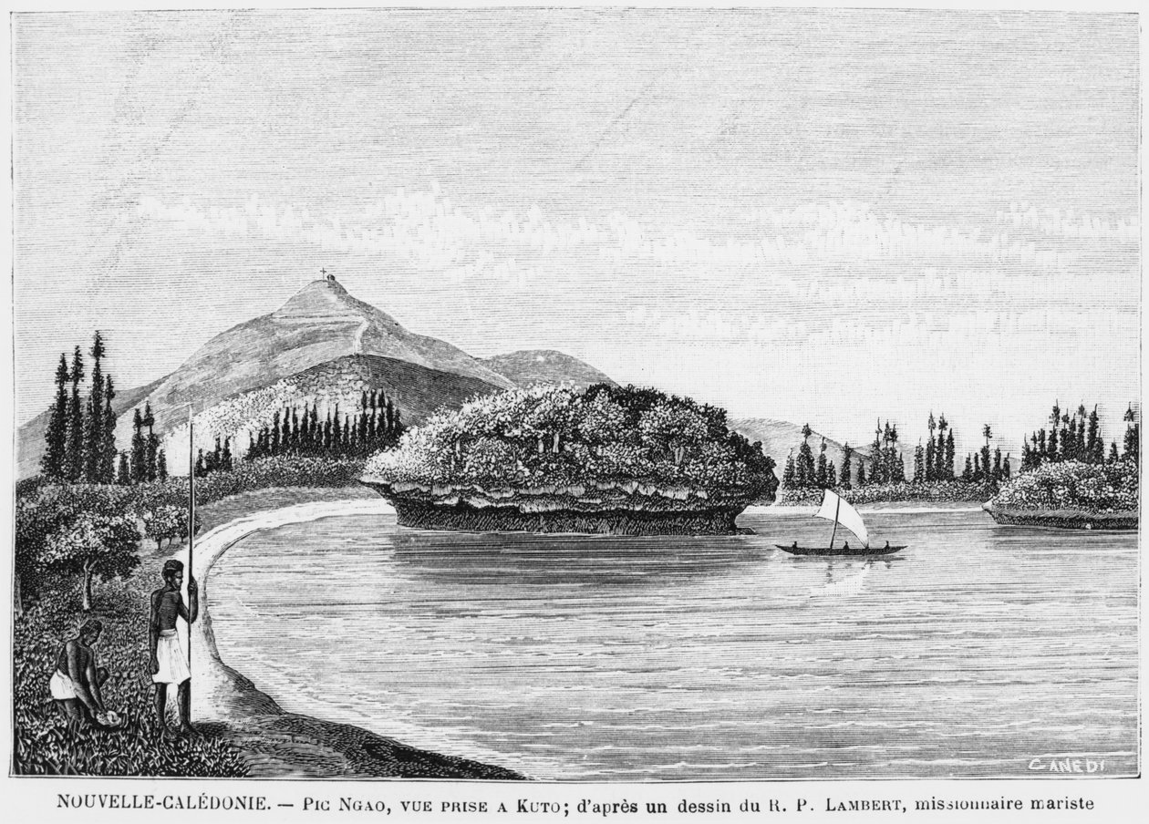 Nowa Kaledonia, Isle of Pines, Pic Nga widziana z Kuto, według rysunku wielebnego Ojca Lamberta, misjonarza maristowskiego, ilustracja z biuletynu Les Missions Catholiques, 1893 autorstwa French School