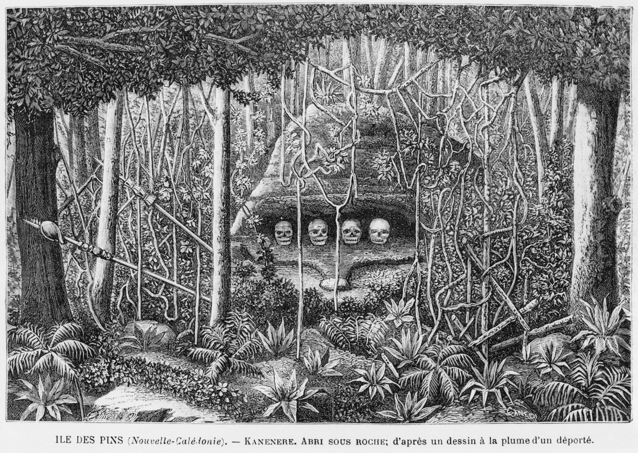 Nowa Kaledonia, Isle of Pines, schronienie w skałach, po rysunku deportowanego piórem i atramentem, ilustracja z biuletynu Les Missions Catholiques, 1893 autorstwa French School