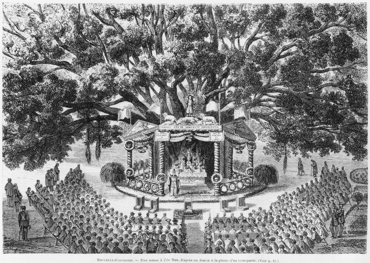 Nowa Kaledonia, odprawianie mszy św. na wyspie Nou, po narysowaniu piórem i tuszem transportowanej ilustracji z biuletynu Les Missions Catholiques, 1875 autorstwa French School