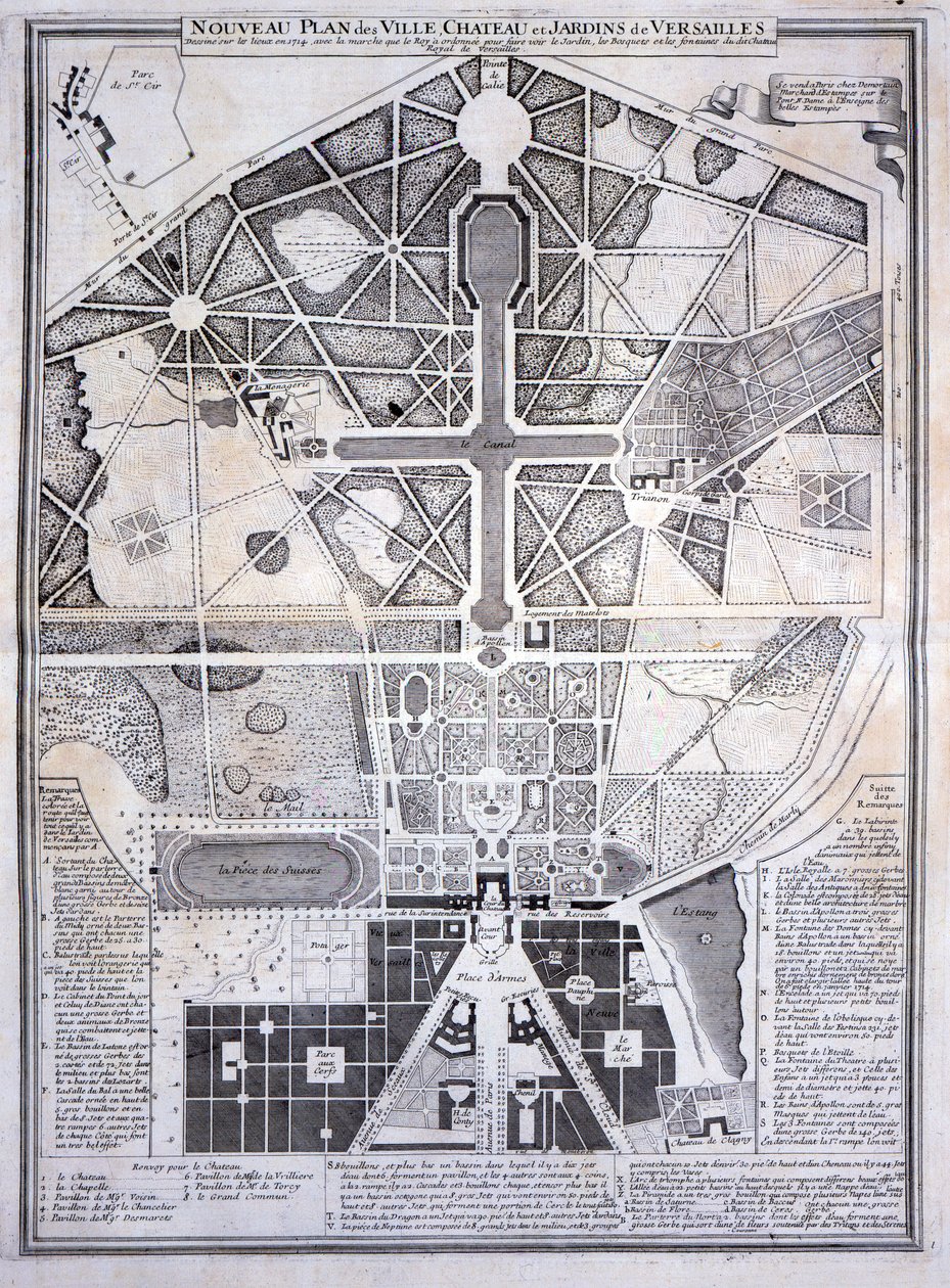 Nowy plan miasta, zamku i ogrodów w Wersalu, 1714, z Les Plans, Profils et Elevations des Villes et Chateau de Versailles, opublikowany ok. 1715 autorstwa French School