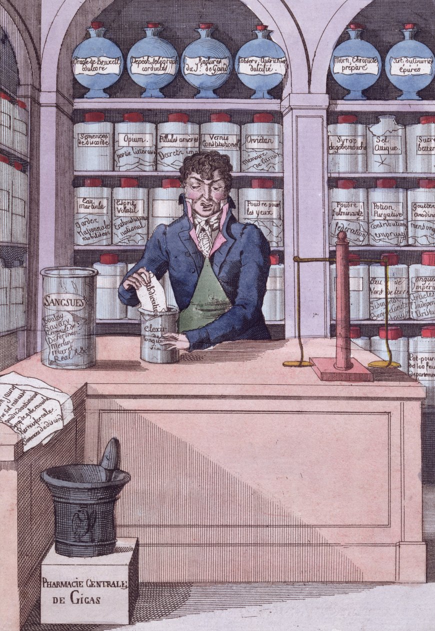 Przychodnia z gazetami pod rządami Napoleona, czyli chemika akademika, karykatura przedstawiająca prasę zmiażdżoną przez Napoleona (kolorowe grawerowanie) autorstwa French School