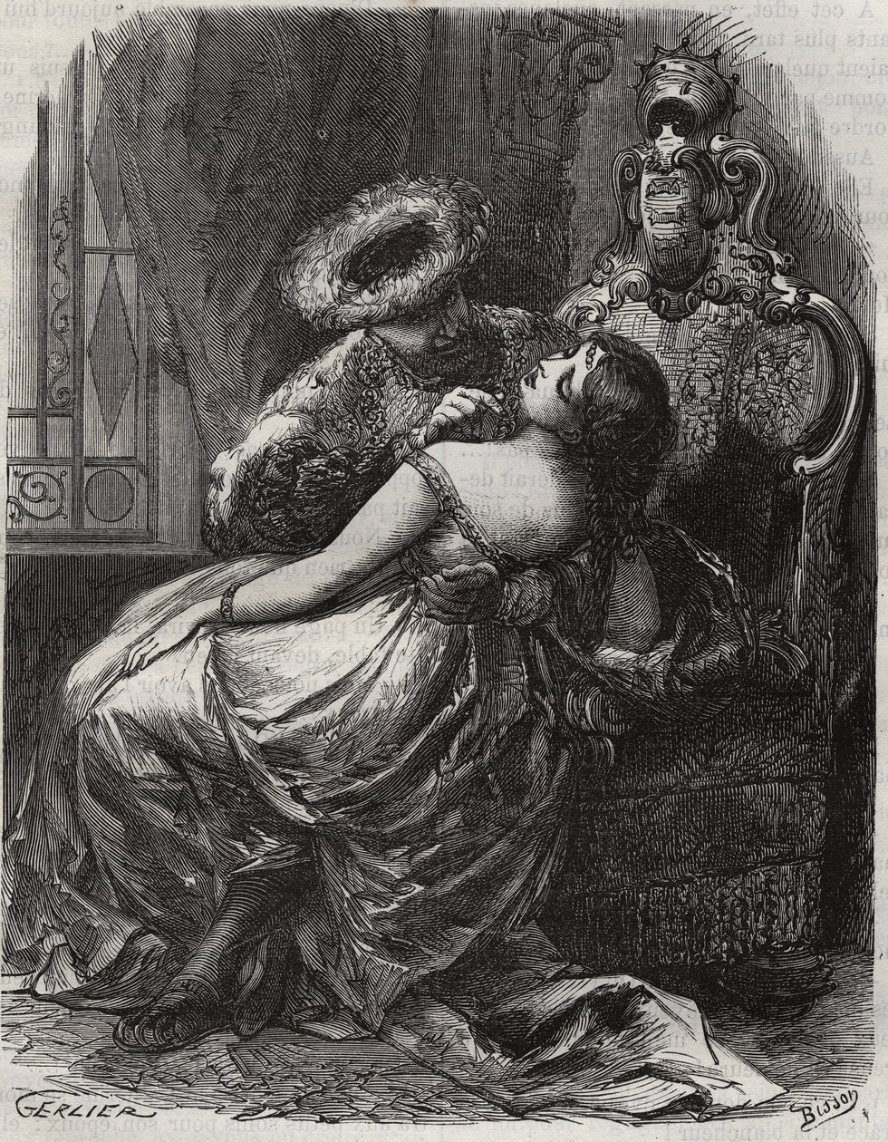 Ładna szyja! Że kat byłby szczęśliwy, gdyby go odciął! Król Anglii Henryk VIII (1491-1547) z żoną Katarzyną Parr (1512-1548). Grawer z 1871 r. w „Histoire Des Cocus Celebres” Henry