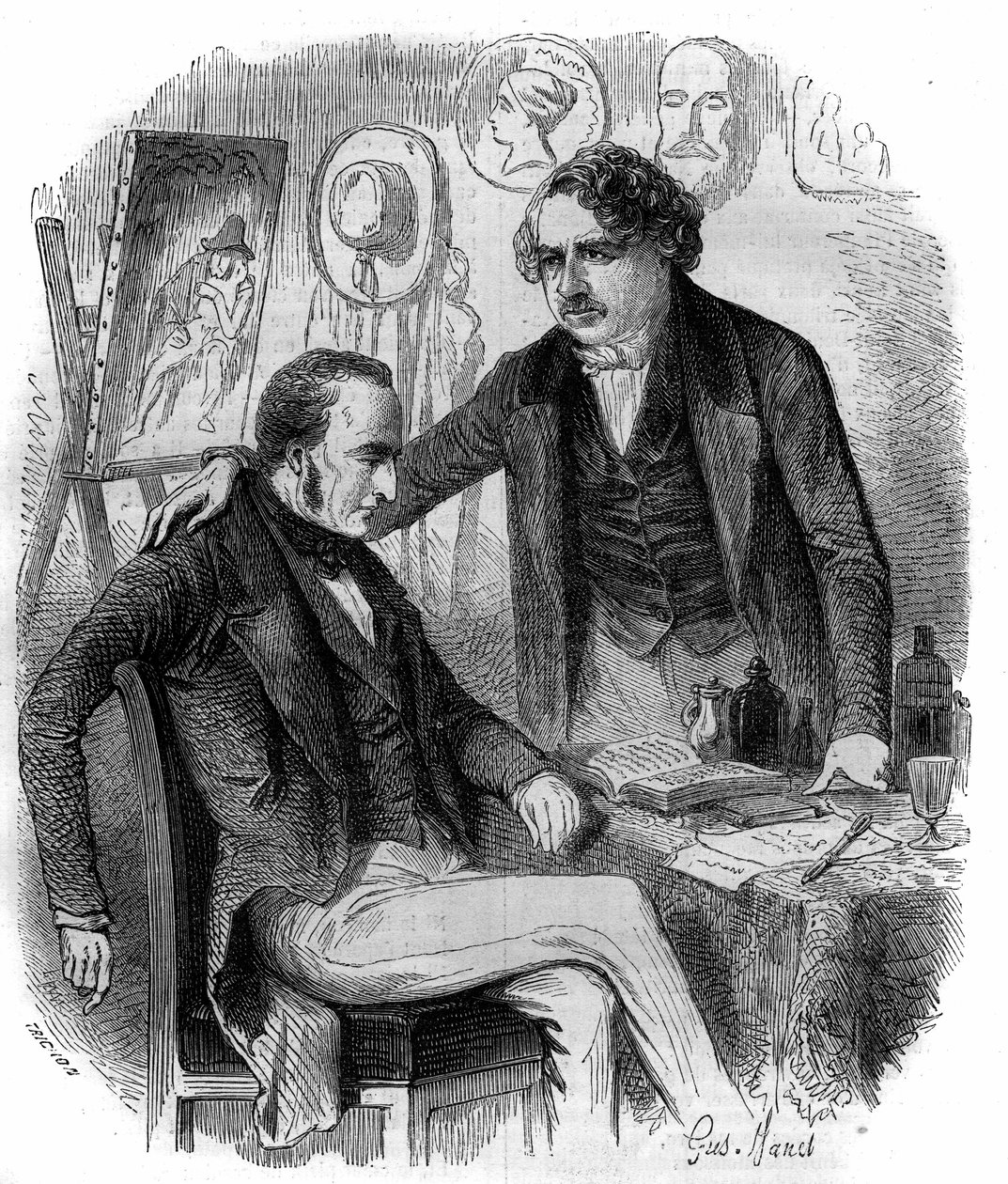 Nicephore Niepce (1765-1833) i Louis Daguerre (1787-1851), francuscy wynalazcy, pionierzy fotografii. Grawerowanie z 1852 roku. autorstwa French School