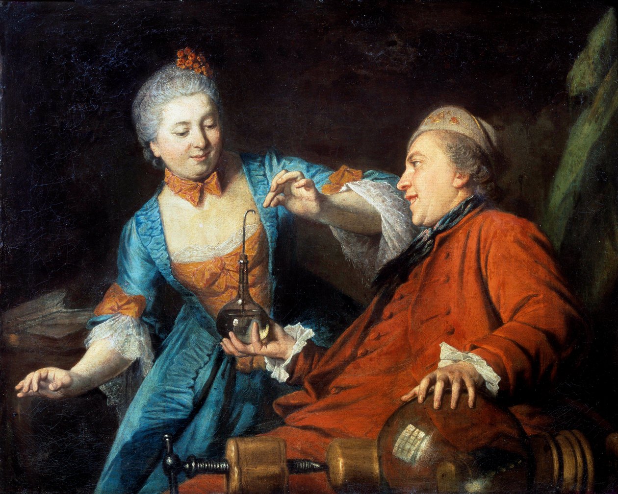 Nicolas Bergeat (1733-1815) i Madame de Maisoncel przeprowadzają eksperyment z fizyki Anonimowe malarstwo Szkoły Francuskiej. 1770. Reims, Muzeum Sztuk Pięknych autorstwa French School