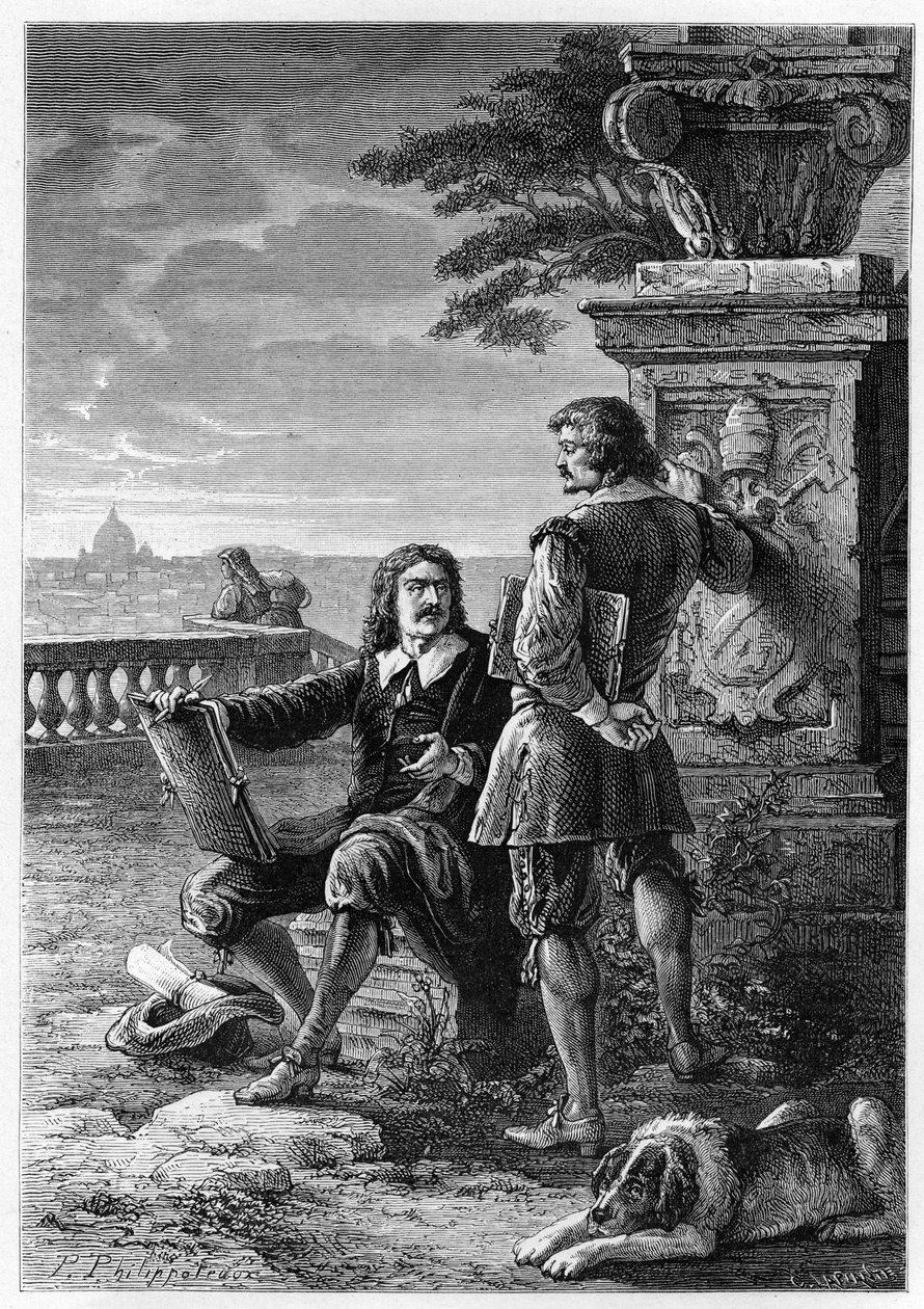 Nicolas Poussin (1594-1665), francuski malarz, z Claude Gellee, dit le Lorrain (1600-1682) w Rzymie (Trinita dei Monti) grawer z „”Historia Francji opowiedziana moim wnukom”” – Francois Guizot – 1872-1876 autorstwa French School