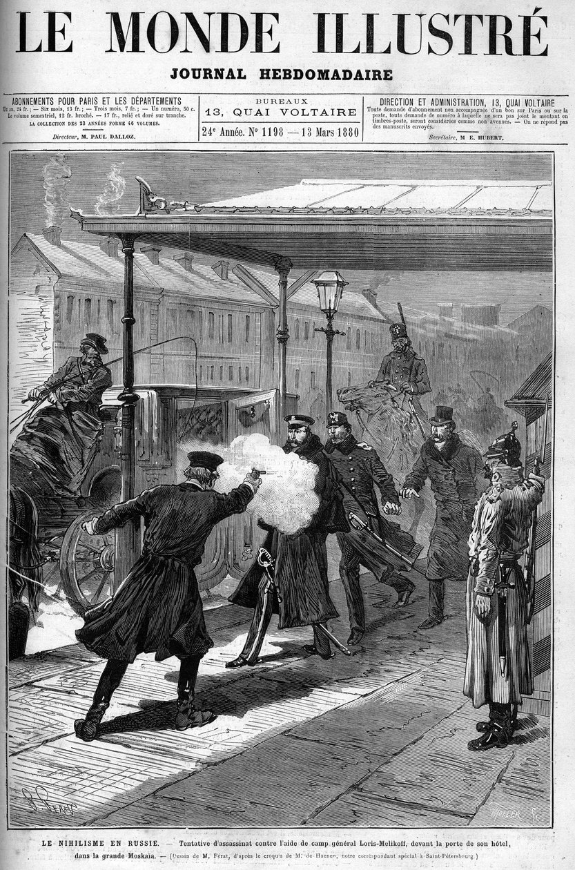 Nihilizm w Rosji - Próba zabójstwa Aide de Camp, generała Lorisa Melikoffa, przed drzwiami jego hotelu w wielkiej Moskai. Okładka „The Illustrous World”, marzec 1880. autorstwa French School