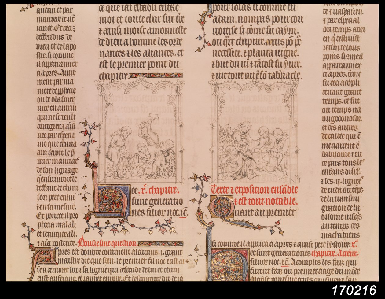 Noe w winnicy i pijaństwo Noego, z Biblii Jeana Sy, c.1355 autorstwa French School