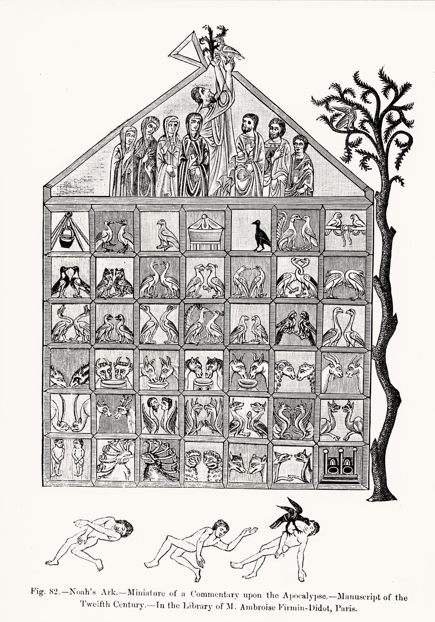 Arka Noego, miniatura z Komentarza do Apokalipsy, ilustracja z Nauki i literatury w średniowieczu i renesansie, napisana i rytowana przez Paula Lacroix, 1878 (fot. bw autorstwa French School