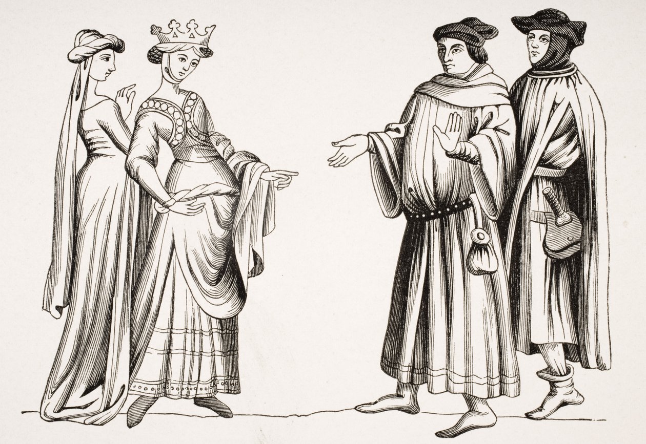 Noble Lady and Maid of Honor and Two Burgesses, według miniatury w „Merveilles du Monde”, z „Le Moyen Age et La Renaissance” Paula Lacroix (1806-84) opublikowanej w 1847 roku autorstwa French School