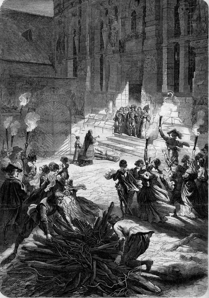 Noel we Francji za Ludwika XIII: pan stoi przed drzwiami swojego zamku, podczas gdy ksiądz konsekruje buche, który musi przynieść błogosławieństwo do mieszkania. Na dziedzińcu chłopi ustawili rzeźnika. XVII wiek. Grawerowanie w „”Le Monde Ill autorstwa French School