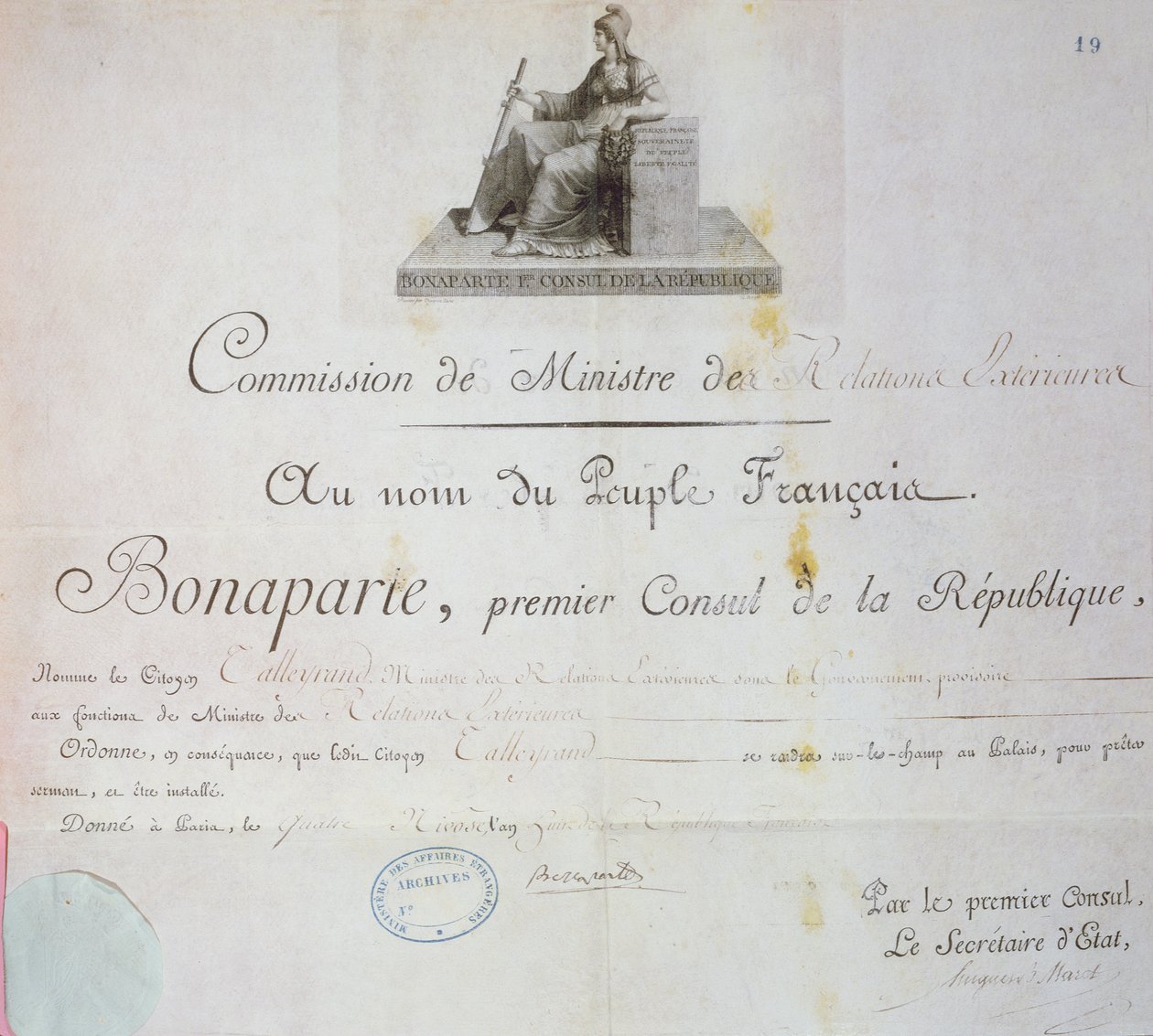 Nominacja Charlesa Maurice de Talleyrand-Périgord (1754-1838) na stanowisko ministra spraw zagranicznych, c.1797 autorstwa French School