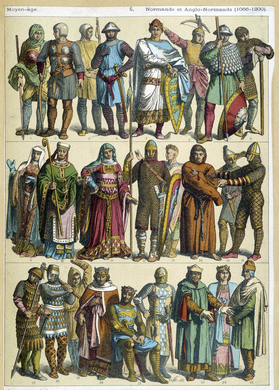 Stroje normańskie i anglo-normańskie cywilne, religijne i wojownicze (1066-1200) - grawerowanie autorstwa French School