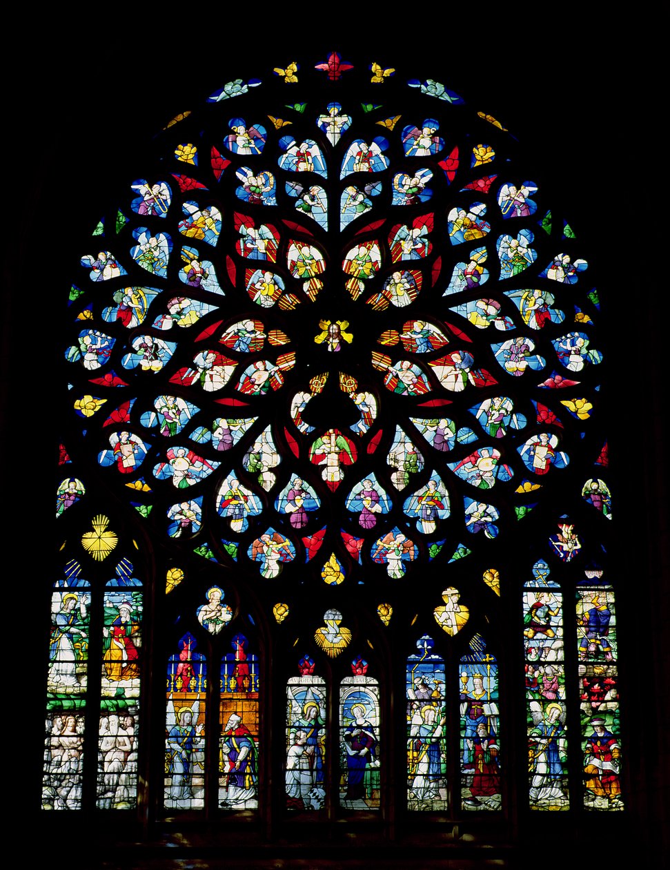 Rozeta północnego transeptu przedstawiająca Psalm 150 autorstwa French School