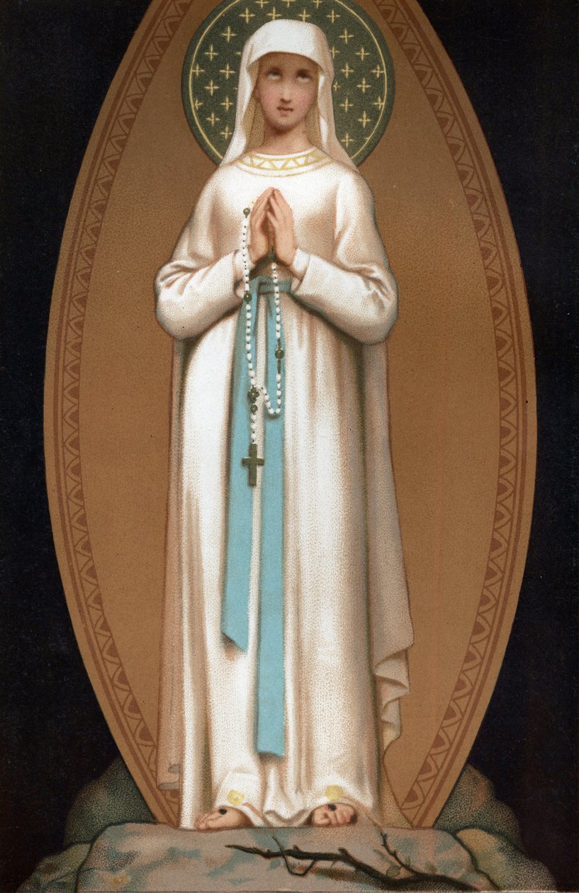 Notre Dame de Lourdes: przedstawienie Najświętszej Maryi Panny tak, jak mogłoby się wydawać Bernadetcie Soubirous w jaskini Lourdes w 1858 roku. Chromolitografia. Frontispice „”Notre Dame de Lourdes”” Henri Lasserre autorstwa French School