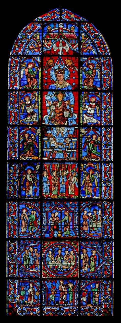 Notre Dame de la Belle Verriere; poniżej sceny z małżeństwa w Kanie i kuszenia Chrystusa na pustyni (w30a) autorstwa French School
