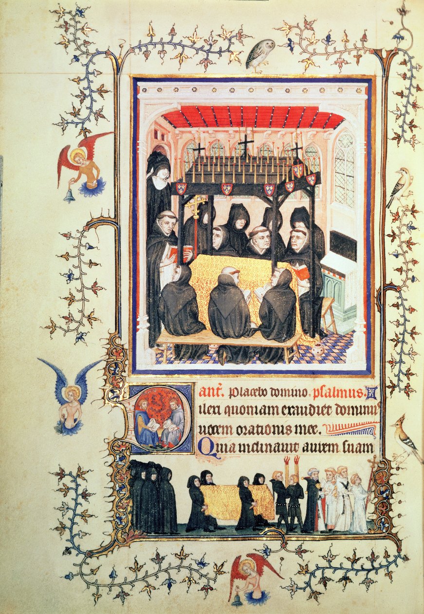 Nowy Lat 3093 f.104 Mnisi biorący modlitwy, z Tres Belles Heures de Notre Dame de Duc de Berry, c.1380 autorstwa French School