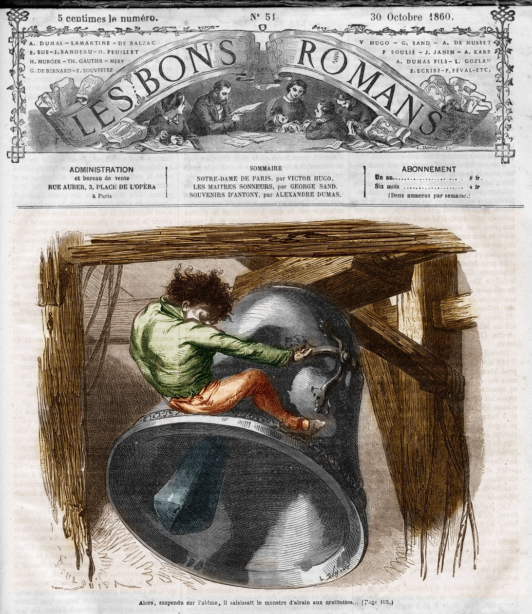 Seria powieści: „Notre Dame de Paris” Victora Hugo (1802-1885). Quasimodo na dzwonnicy. Grawer w „”Les bons romance”” autorstwa French School