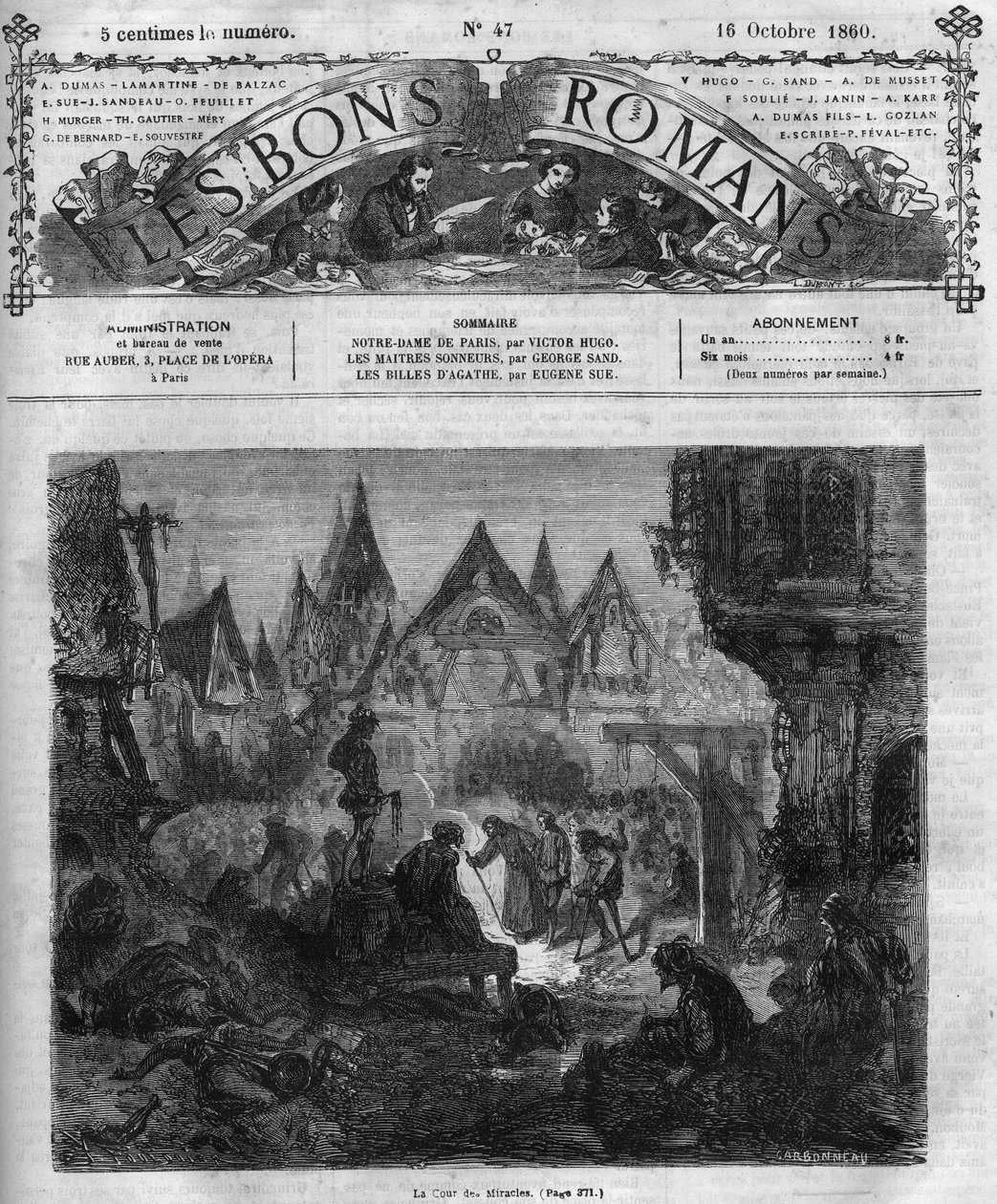 Seria powieści: „Notre Dame de Paris” Victora Hugo (1802-1885). Sąd cudów. Grawer w „”Les bons romance”” autorstwa French School