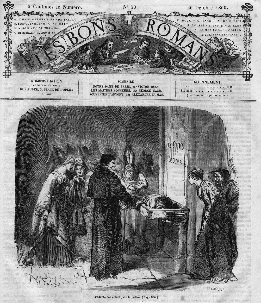 Seria powieści: „Notre Dame de Paris” Victora Hugo (1802-1885). Ksiądz postanawia adoptować Quasimodo. Grawer w „”Les bons romance”” autorstwa French School