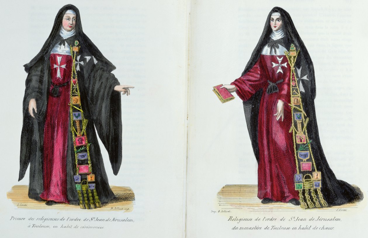 Zakonnice z Zakonu Św. Jana Jerozolimskiego, ilustracja z Historii i strojów zakonów ks. Helyota, 1842 autorstwa French School