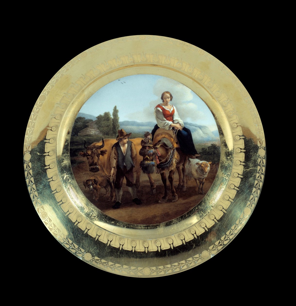 Przedmioty Pierwsze Cesarstwo: tablica Służby Księcia Eugeniusza: bergere w krajobrazie w pobliżu Sieny. Zrealizowany w manufakturze znanej jako Duke of Angouleme (1781-1828), Malmaison, Musee Du Chateau autorstwa French School