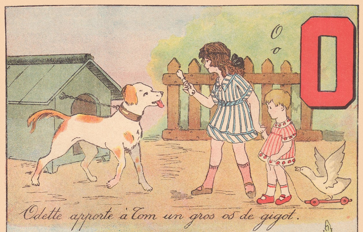 Odette przynosi Tomowi dużą kość nogi, około 1920 r. (druk) autorstwa French School