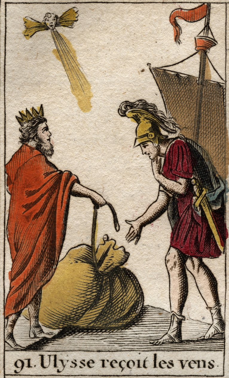 Odyssee of Homere: Eole, król wyspy Cyklop, przekazuje Ulissesowi torbę zawierającą wiatry, dzięki czemu może pracować na własny rachunek. (Odyseja Homera: Aeolus, król wyspy Cyklopów daje Odyseuszowi torbę zawierającą wiatry enabli autorstwa French School
