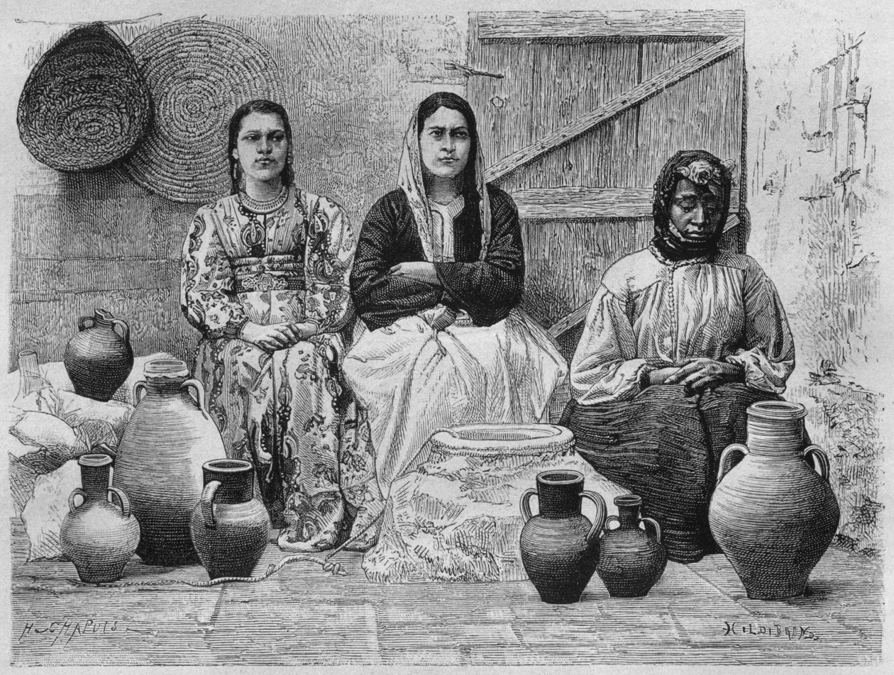 Kupcy ropy w Jerozolimie, z dzisiejszej Syrii. Podróżuje po Fenicji, Libanie i Judei. 1875-1880 Louis Charles Emile Lortet, 1884 (bw grawerowanie) autorstwa French School