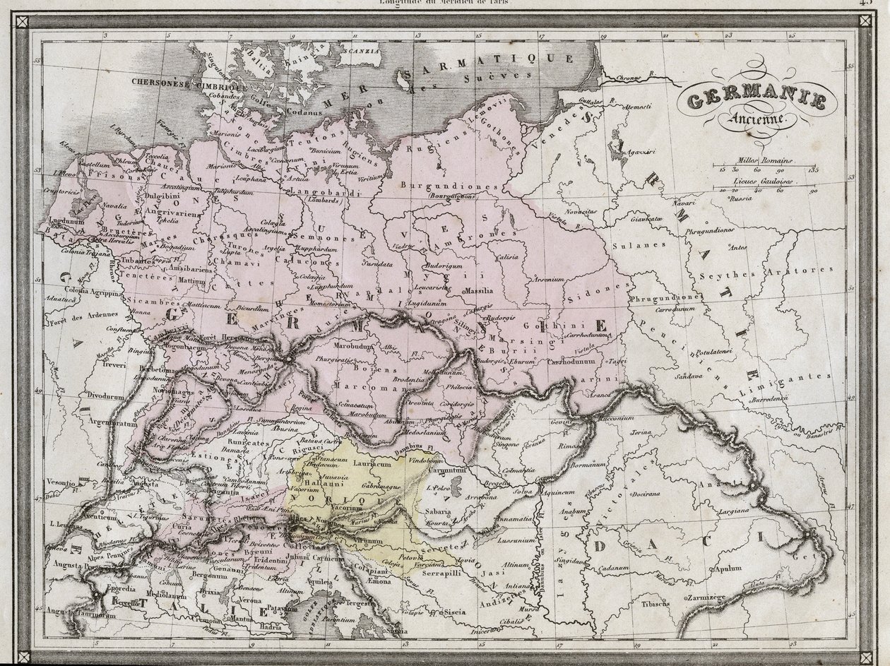 Old Germania - Płyta wydobyta z ""Uniwersalnego Atlasu Geografii Starożytnej i Współczesnej dla Szkół Mieszkaniowych"" autorstwa Vuillemina - ca. 1845 autorstwa French School