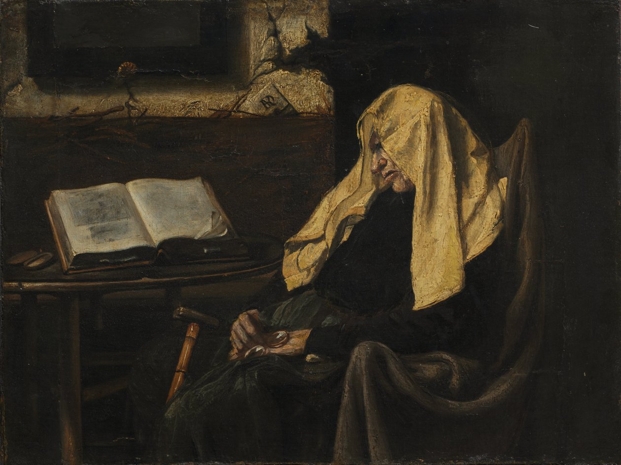 Stara śpiąca kobieta, połowa XIX w. (olej na tkaninie) autorstwa French School