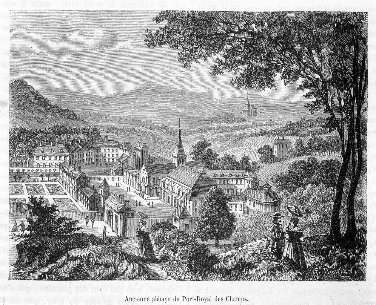 Stare opactwo Port Royal des Champs (Port-Royal-des-Champs) widok z lotu ptaka - grawerowanie autorstwa French School